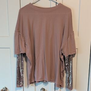 Free People Mauve Tee with Silver Sequin Sleeves